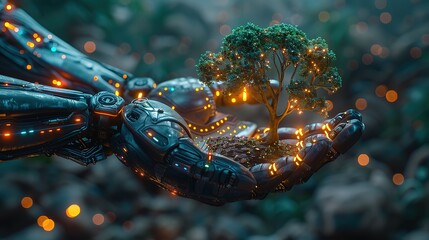 Hand robot holding green earth tree ESG wwith neon light futuristic background
