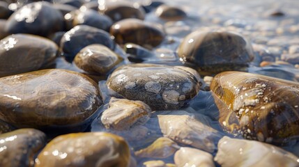 Polished river rock detail, naturally smoothed by water, suitable for eco-friendly landscaping and educational uses