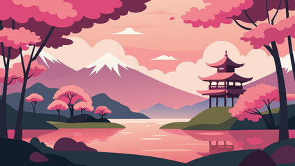 Canvas Print - A pink blossom forest with a pond, cherry trees, mountains, and a Japanese garden with a lake, sakura, and rock cartoon background
