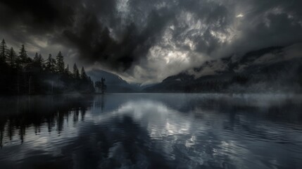 Sticker - A black cloud drifts over a serene lake, its reflection darkening the water's surface.