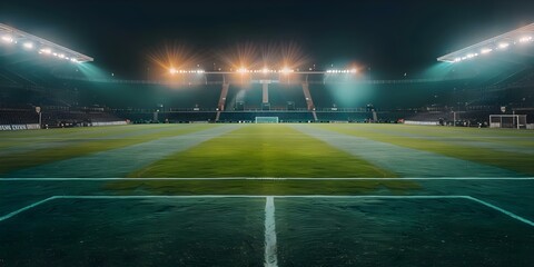 Wall Mural - Illuminated soccer stadium at night with empty seats and field lines. Concept Sports Photography, Night Lighting, Soccer Stadium, Empty Seats, Field Lines