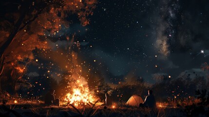 Poster - A campfire crackles under a starry sky, casting flickering shadows on the faces of friends gathered around.