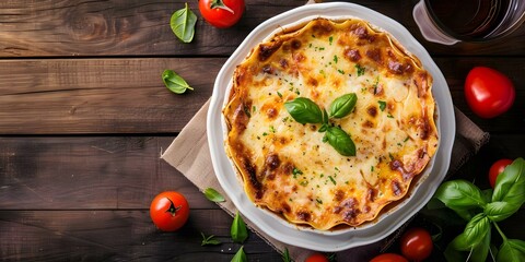 Wall Mural - Delicious Lasagna with Cheese, Meat, and Tomato Sauce on a Rustic Wooden Table. Concept Cheesy Lasagna Recipe, Tomato Sauce, Meat and Cheese Layers, Home Cooking, Rustic Presentation