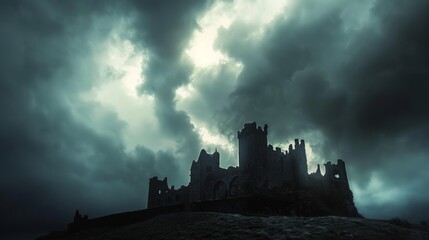 Wall Mural - A castle stands on a hill, silhouetted against the backdrop of storm clouds.