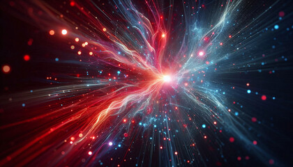 Abstract light burst with red and blue glowing particles