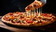 © Luis Eduardo - A delicious slice of pizza with various toppings being lifted up by a spatula.