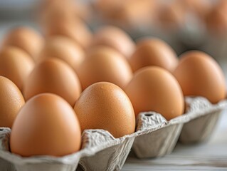 Close-up of fresh brown eggs arranged in a carton, showcasing a natural, farm-fresh, healthy food concept.