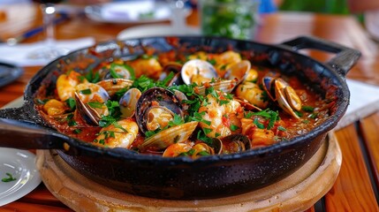 Wall Mural - A mouth-watering seafood stew garnished with fresh herbs, served hot in a rustic black skillet on a wooden surface, ready to be enjoyed.