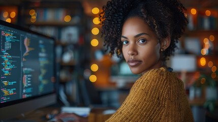 A woman programmer, focused on coding, works diligently on a computer in a cozy library, surrounded by books and adorned with warm lights, reflecting a modern intellect.