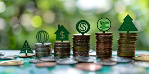 finance program for sustainable energy with green symbols on coin stacks. concept sustainable energy