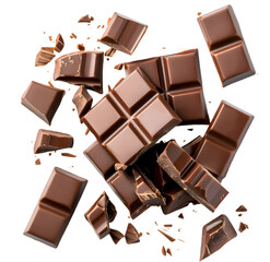 Chocolate bar pieces, top view isolated on Transparent background. 