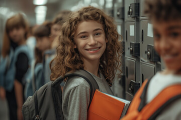 back to school, A girl with curly hair is smiling and holding a stack of books