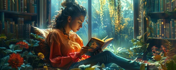 A serene portrait of a reader engrossed in a book, their mind transported to faraway lands and fantastical stories.