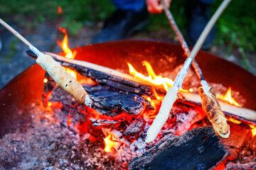 Stick bread twisted on skewer or stick, roasted on flame of fire. Popular party and camp barbecue food in Germany called Stockbrot. Fun for children. Healthy snack