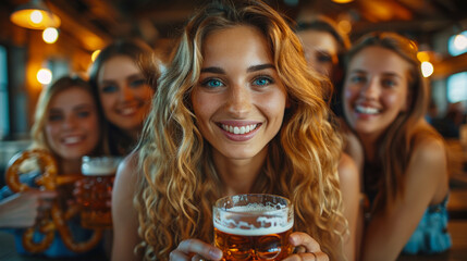 Happy Women Enjoying Oktoberfest with Beer and Pretzels at Festive Event