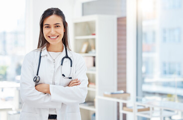 Poster - Hospital, doctor and portrait of woman with crossed arms for medical support, consulting and help. Professional, healthcare and person with stethoscope for cardiology, pulmonary service and wellness