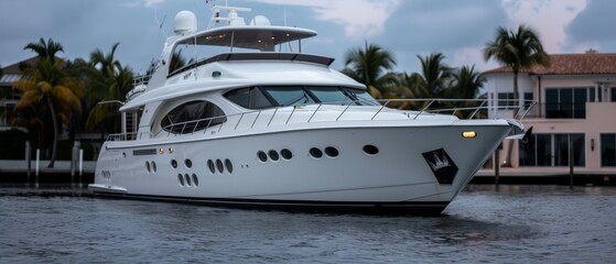  A large white boat floats on a body of water beside a grand palm-tree-covered building during an overcast day