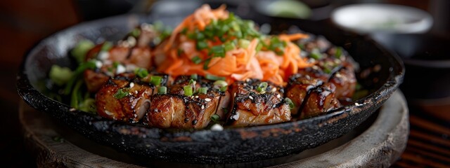 Wall Mural -  A wooden table holds a close-up view of a plate filled with meat and vegetables