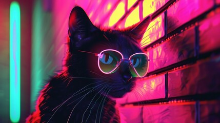 A stylish black cat wearing sunglasses exudes coolness and confidence against a background of vibrant neon lights, creating a modern, trendy nightlife atmosphere.