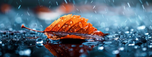 Wall Mural -  An orange leaf atop a water puddle, surrounded by drops, blurred backdrop