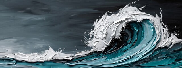 Poster -  A painting of a wave in the middle of the ocean, against a grey backdrop of sky, dotted with white clouds