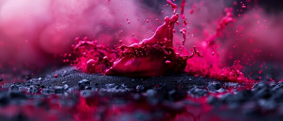 Poster -  A red liquid splatters onto a mound of black rocks, situated in the heart of a water body