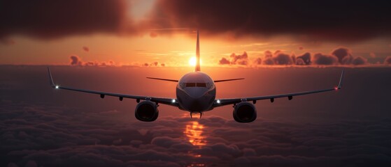 Wall Mural -  A large jetliner traverses a cloud-studded sky, hovering above a tranquil body of water The sun sets in the backdrop, casting an orange glow on the