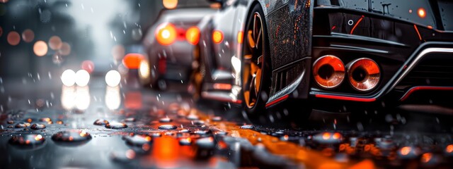 Wall Mural -  A tight shot of a car on a metropolitan street during rainfall, showcasing numerous water droplets scattered on the pavement