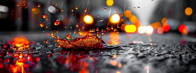 Wall Mural -  A tight shot of a wet surface, speckled with water droplets, and a streetlight casting a warm glow behind