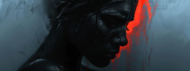 Wall Mural -  A woman's face, close-up Black paint marks cover her features against a vibrant red wall backdrop