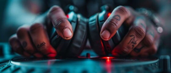 Wall Mural -  A tight shot of hands on a DJ's turntable, red light illuminating