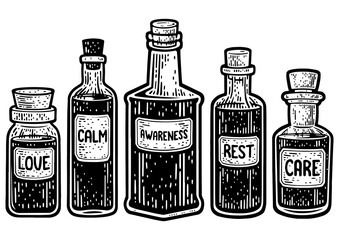 Wall Mural - Medicine bottles with love calm rest care and awareness sketch engraving PNG illustration. Psychological drugs metaphor. Print design. Scratch board imitation. Black and white hand drawn image.