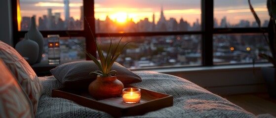 Poster -  A tray holds a candle atop a bed, facing a window revealing a urban cityscape view