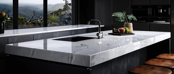 Poster -  A kitchen featuring a marble countertop adjacent to a sink, and a window framing a mountain view