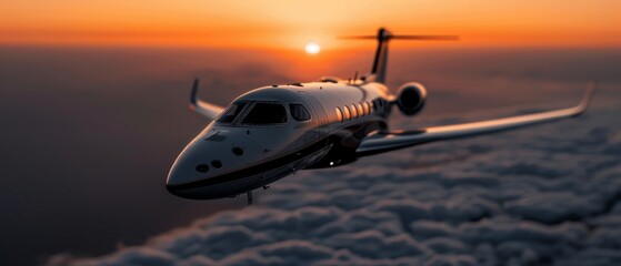 Canvas Print -  A small airplane flies above a cloud-covered sky during sunset, with the sun peeking through the clouds in the backdrop