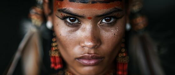 Poster -  A tight shot of a woman's painted face and adorned headdress