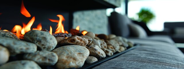 Wall Mural -  A tight shot of a laden table with food, a fire burning in the backdrop, and a couch in the near foreground