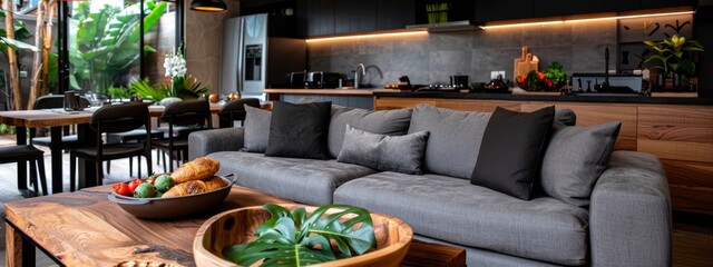 Wall Mural -  A living room teeming with furniture, featuring a coffee table topped with a bowl of fruit, adjacent to a window