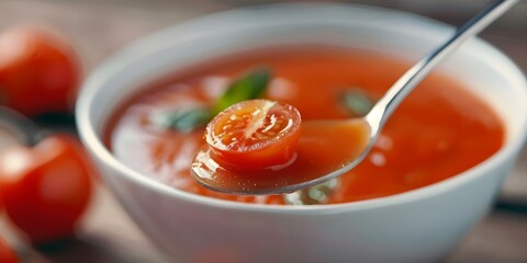 Wall Mural - Tomato Soup Bowl Close-up with Spoon and Tomatoes. Concept Food Photography, Close-up Shot, Tomato Soup, Bowl, Spoon, Fresh Tomatoes