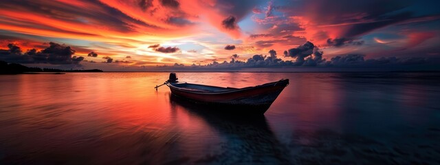  A boat floats on a expansive body of water, surrounded by a clouded sky transitioning from blue to red - sunset or dawn