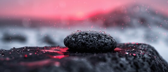 Canvas Print -  A rock perched atop a reddish-black expanse of water, dotted with pink drops, backs a pink sky