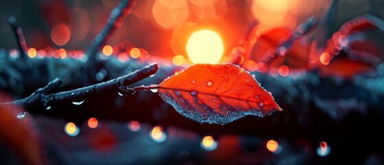 Sticker -  A leaf on a branch, closely framed Water droplets glisten, sun behind