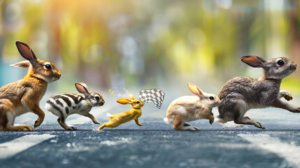 Wall Mural - Cute fluffy bunnies in a whimsical racing competition,?????????