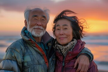 Wall Mural - Portrait of a satisfied multiethnic couple in their 60s sporting a quilted insulated jacket isolated in beautiful beach sunset