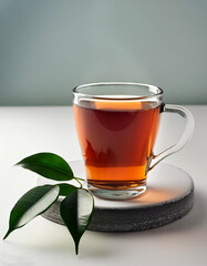 Wall Mural - Glass cup of hot aromatic tea with leaves on clear white background