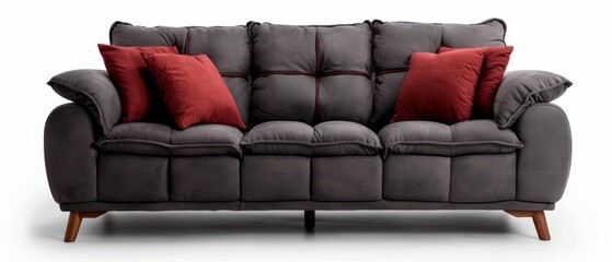 Sticker -  A gray couch with red pillows atop it and a wooden frame at its base, set against a white background