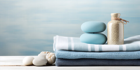 Blue and white striped towels and blue soap and bath salt on a wooden table with blurred blue background, for a clean and fresh spa or bath concept.