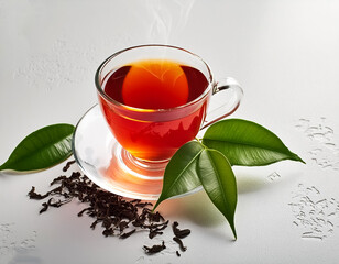 Wall Mural - Glass cup of hot aromatic tea with leaves on clear white background