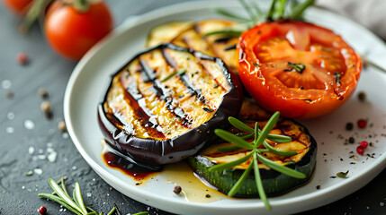 Grilled vegetables with rosemary and spices on a white plate