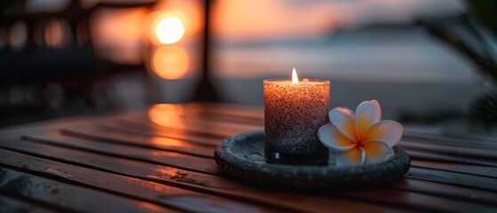 Poster -  A lit candle atop a wooden table, a flower on a separate plate beside it